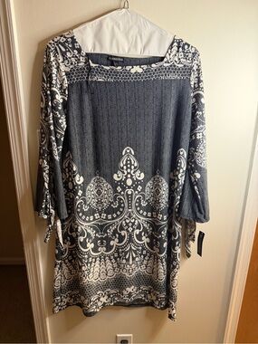 Blooming Rose Black White Paisley Boho Tunic Dress Size XL Tie Sleeve